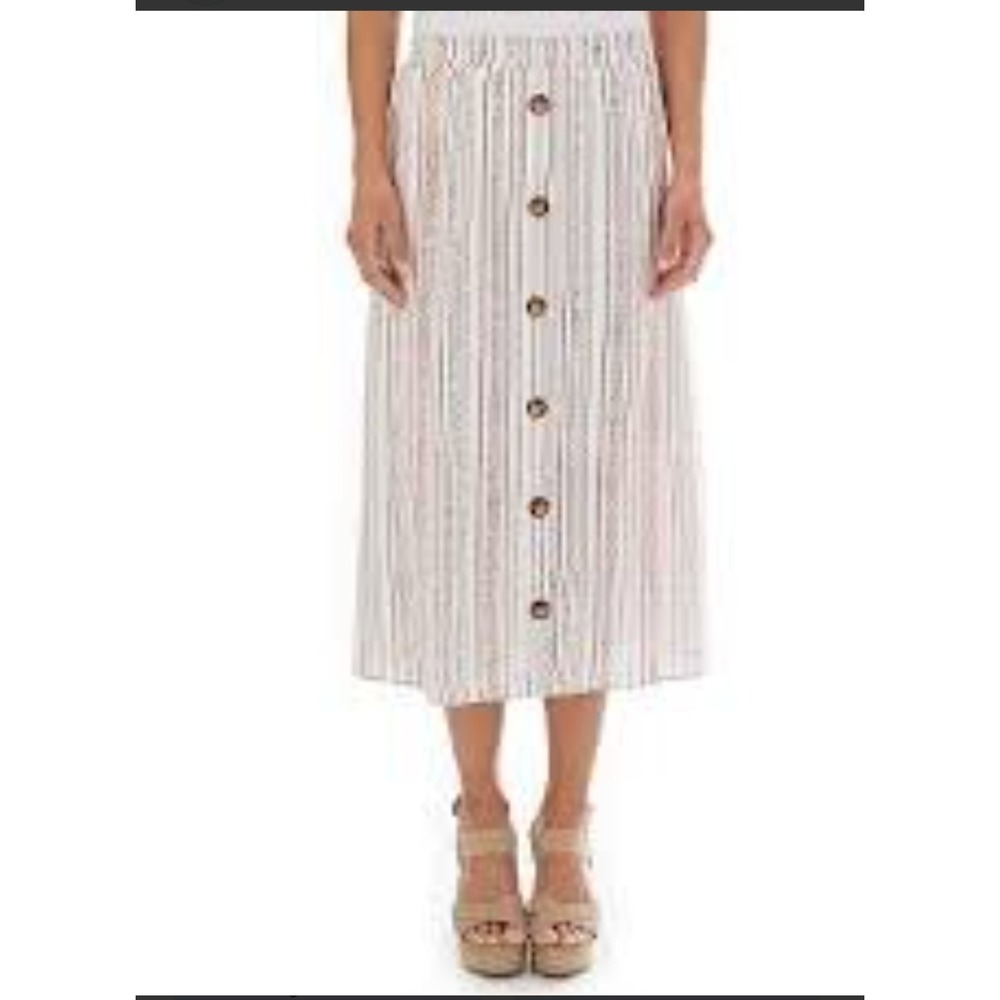 AB Studio Midi Skirt S Multicolor Button Front Striped Elastic Waist Boho Office